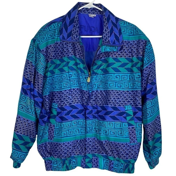 Vintage 80s 90s Silk Windbreaker Jacket Womens Medium Geometric Turquoise Blue - Picture 1 of 13